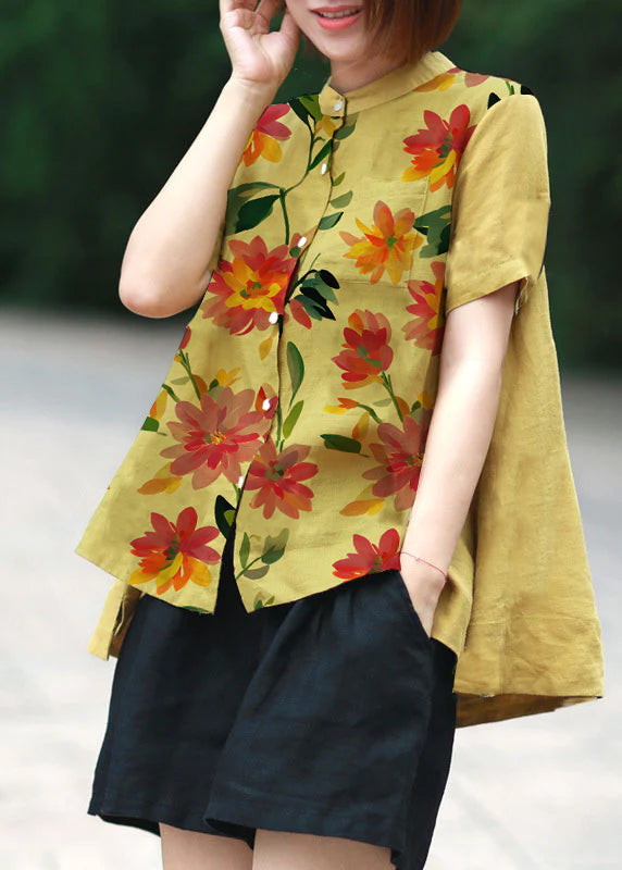Orange Cashews Patchwork Linen Top Button Stand Collar Summer