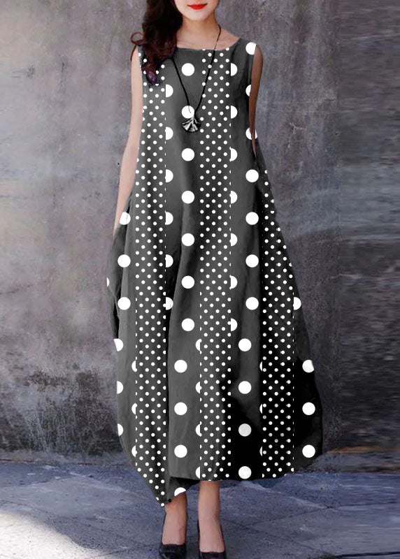Black Spliced Polka Dots O-neck Exra Large Hem Cotton Dresses Sleeveless