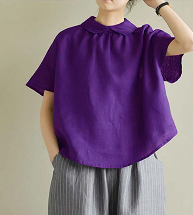 Simple White Peter Pan Collar Linen Shirt Summer