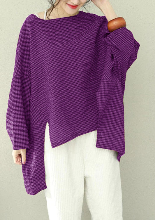 Asymmetric Cotton Fine Work Blue Plaid Oversized Tops