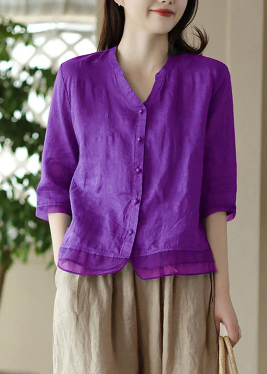Purple V Neck Embroidered Ramie Shirt Half Sleeve