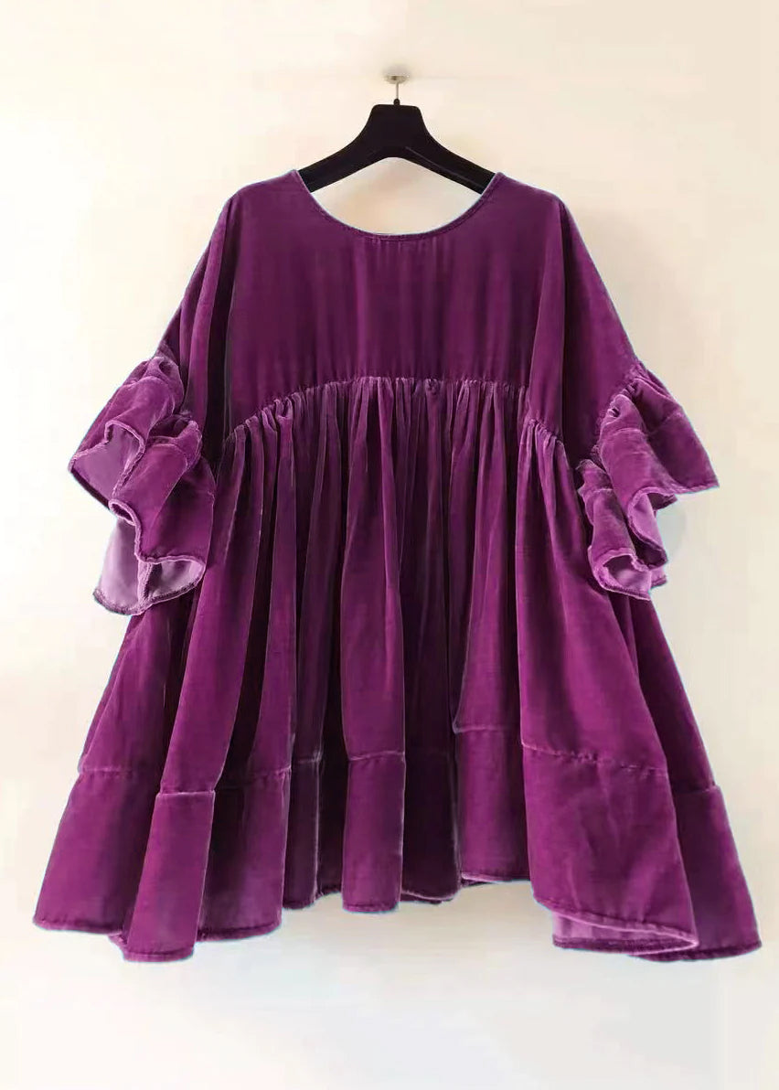 Brown Wrinkled Patchwork Velour Short Dress Butterfly Sleeve