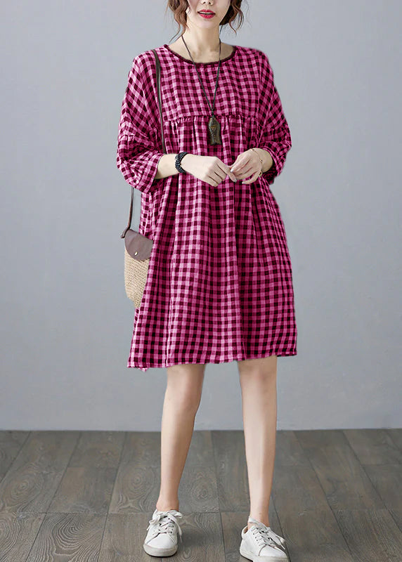 O-neck Wrinkled Pocket Green Linen Loose Dresses Half Sleeve