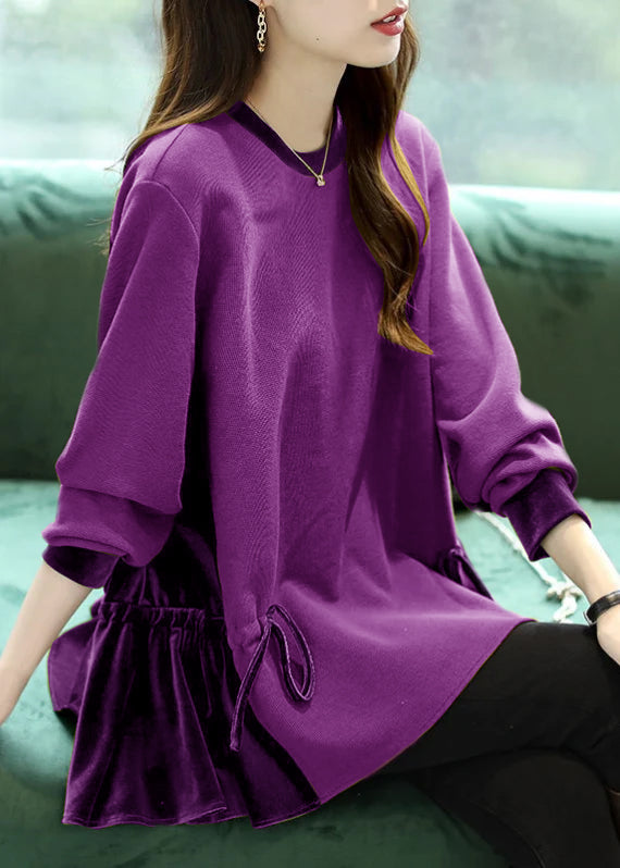 Loose Green O-neck Patchwork Drawstring Sweatshirts Top Long Sleeve