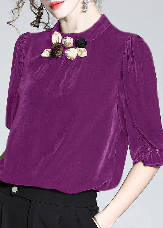 Sky Blue Stand Collar Silk Velour Top Short Sleeve