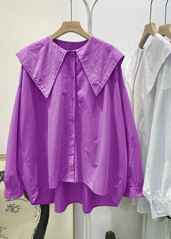 Print1 Peter Pan Collar Button Asymmetrical Design Fall Long Sleeve Top