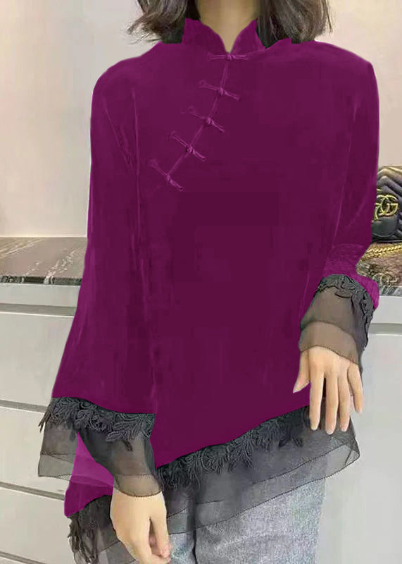 Black Stand Collar Asymmetrical Patchwork Velour Shirt Fall