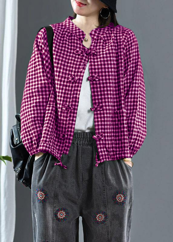 Purple O-neck Plaid Fall Long Sleeve Trench