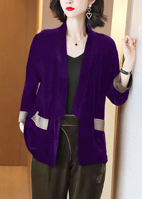 Loose Blue V-neck Pockets Silk Velour Cardigans Bracelet Sleeve