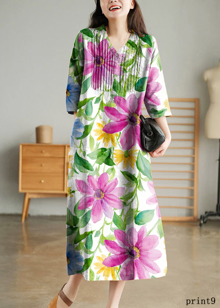 Light Green Loose Linen Long Dresses Button Half Sleeve