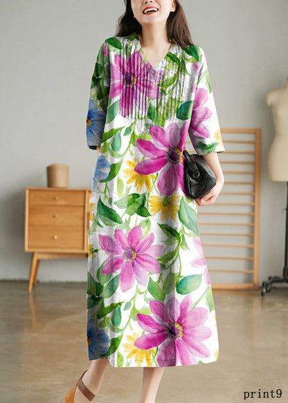 Blue Print10 Loose Linen Long Dresses Button Half Sleeve