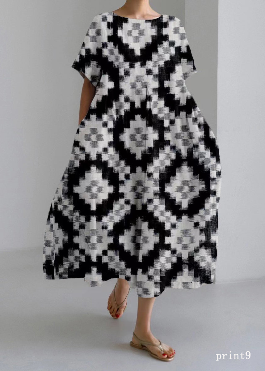 Flower Print7 Cotton Dresses Pockets Patchwork Spring