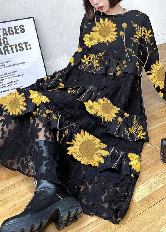 Sunflower Pattern Ruffles Fall Lace Dresses
