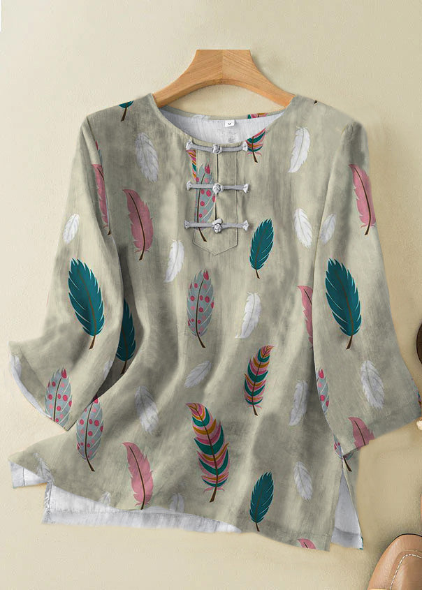 Grace Style Grey Feather O-neck Print Oriental Button Side Open Linen Shirt Top Bracelet Sleeve