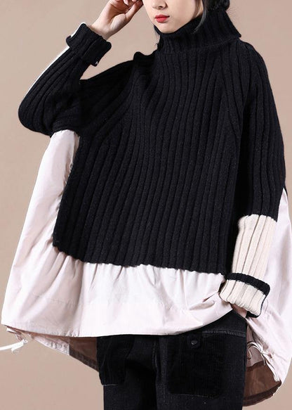 Aesthetic Black Top High Neck Patchwork Clothing Spring Knitted Blouse