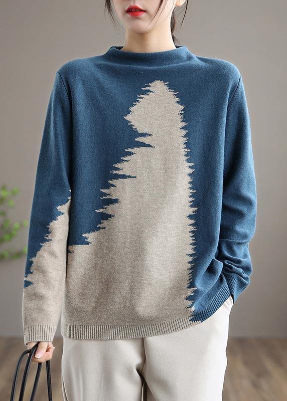 Aesthetic Blue Knitted Pullover O Neck Knit Sweat Tops