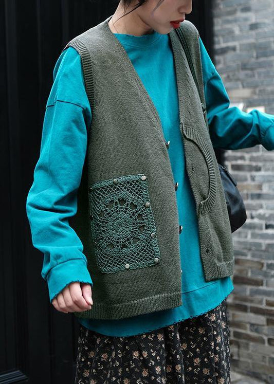 Aesthetic Green V Neck Button Down Sweaters