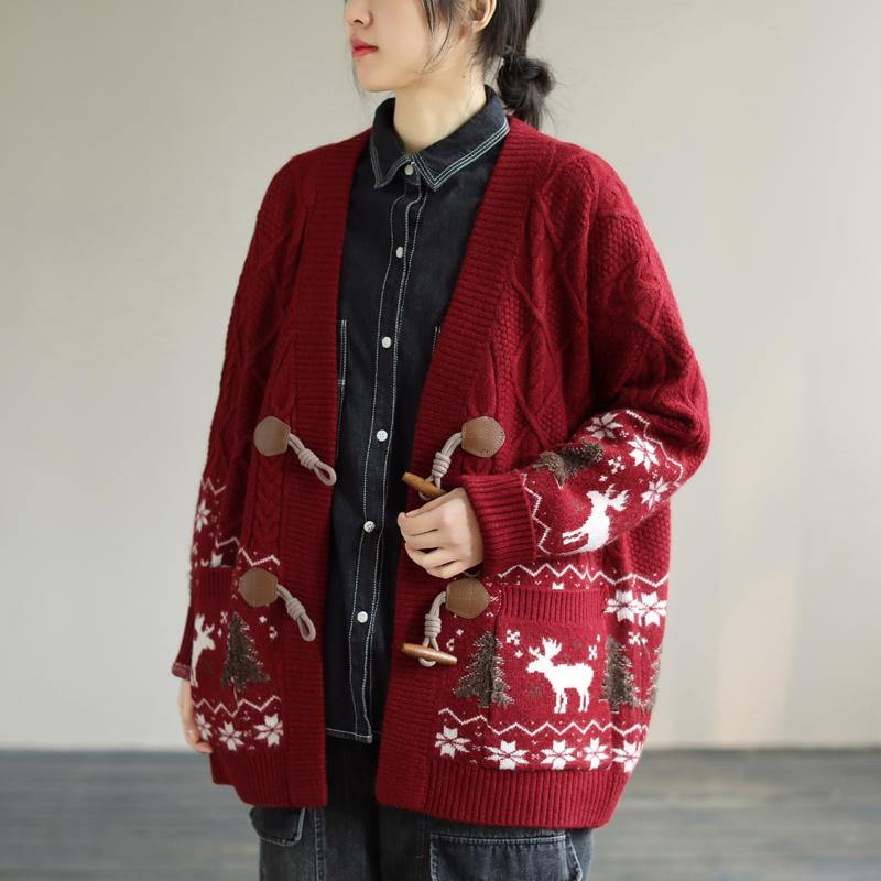 Aesthetic Red Knit Jacket Loose Fitting Loose Deer Print Knit Outwear