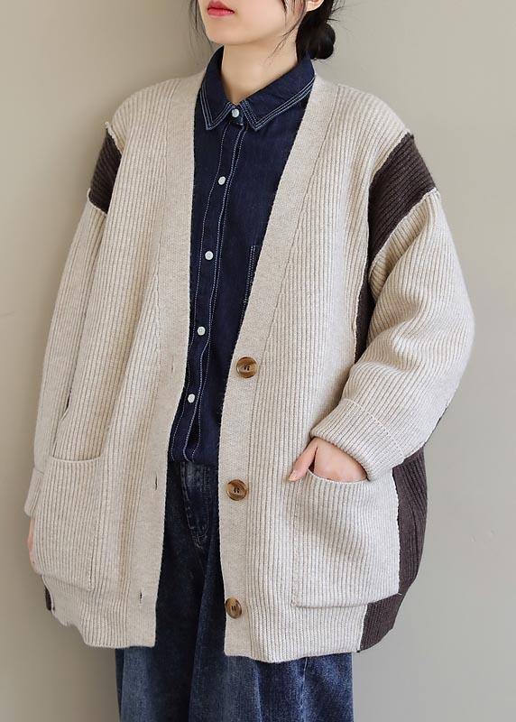 Aesthetic Spring Beige Knit Tops V Neck Button Down Knitted Clothes