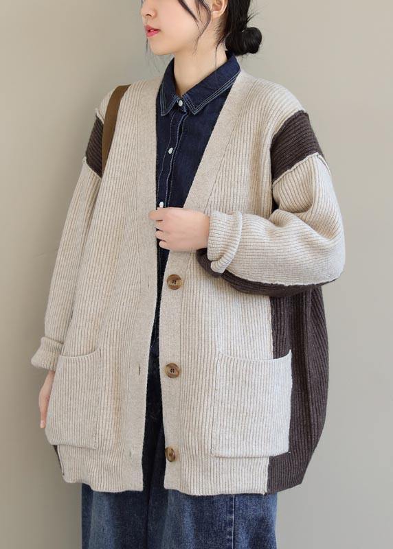 Aesthetic Spring Beige Knit Tops V Neck Button Down Knitted Clothes