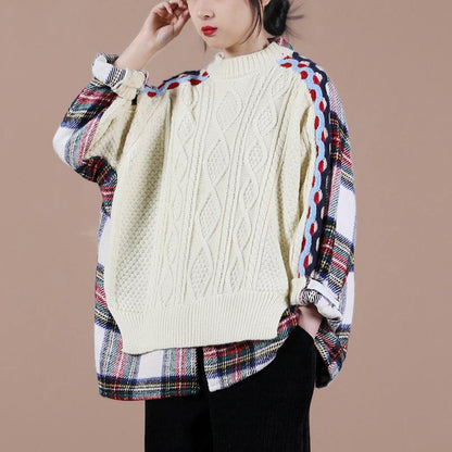 Aesthetic Beige Plaid Sweater Tops O Neck False Two Pieces Knit Sweat Tops