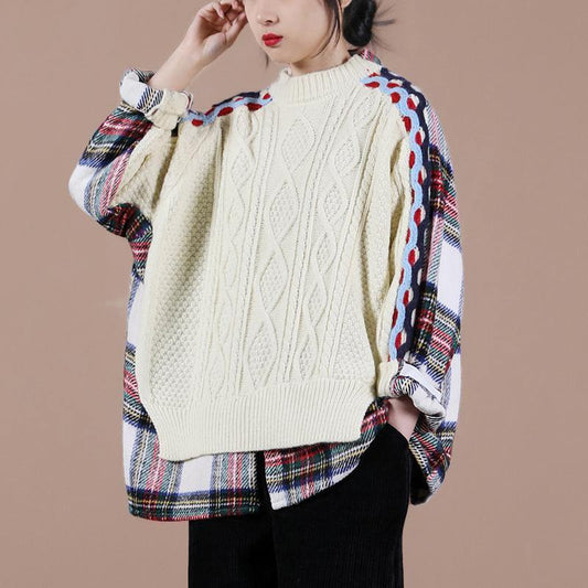 Aesthetic Beige Plaid Sweater Tops O Neck False Two Pieces Knit Sweat Tops