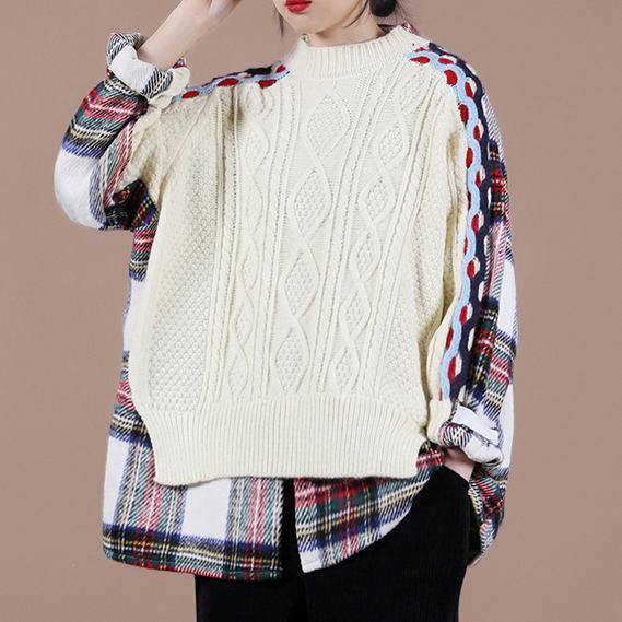 Aesthetic Beige Plaid Sweater Tops O Neck False Two Pieces Knit Sweat Tops