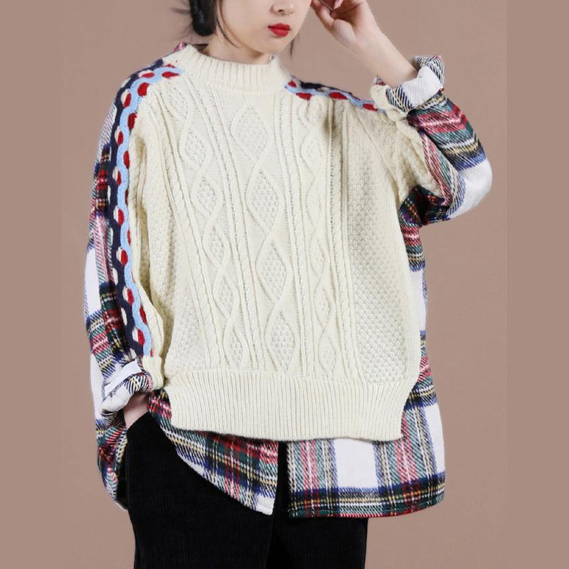 Aesthetic Beige Plaid Sweater Tops O Neck False Two Pieces Knit Sweat Tops
