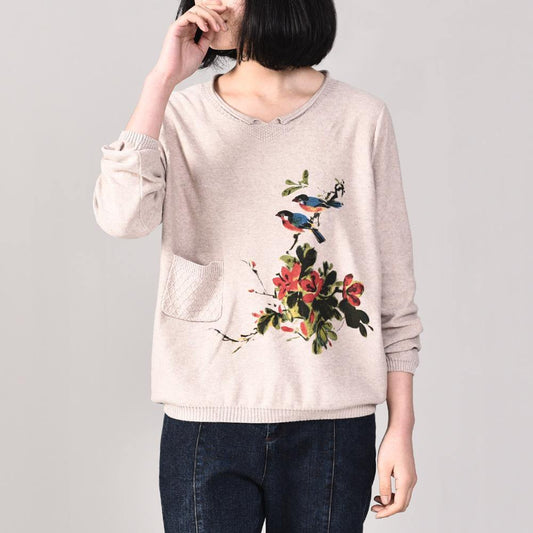 Aesthetic Beige Prints Knit Cardigans Autumn Knit Outwear Long Sleeve