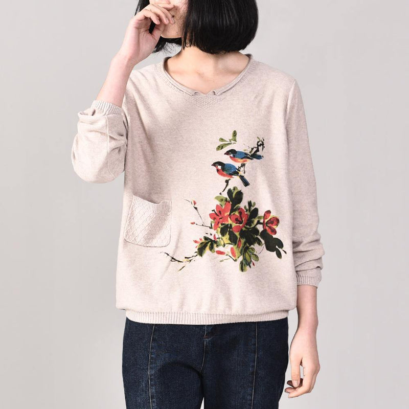 Aesthetic Beige Prints Knit Cardigans Autumn Knit Outwear Long Sleeve