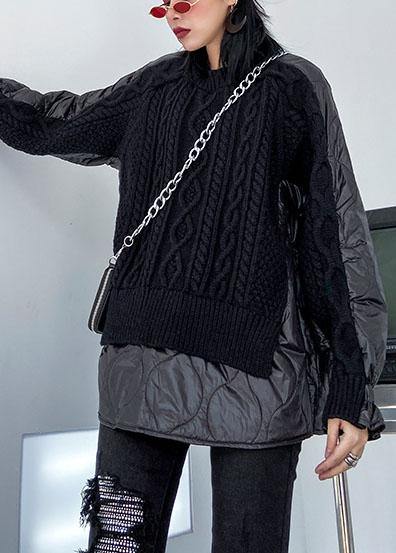 Aesthetic Black Knit Blouse O Neck Patch Work Spring Knit Sweat Tops