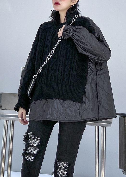 Aesthetic Black Knit Blouse O Neck Patch Work Spring Knit Sweat Tops