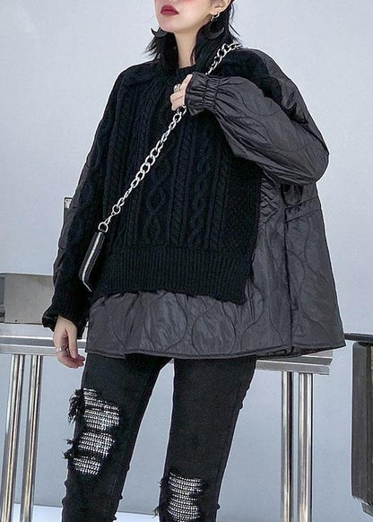 Aesthetic Black Knit Blouse O Neck Patch Work Spring Knit Sweat Tops