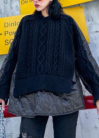 Aesthetic Black Knit Blouse O Neck Patch Work Spring Knit Sweat Tops