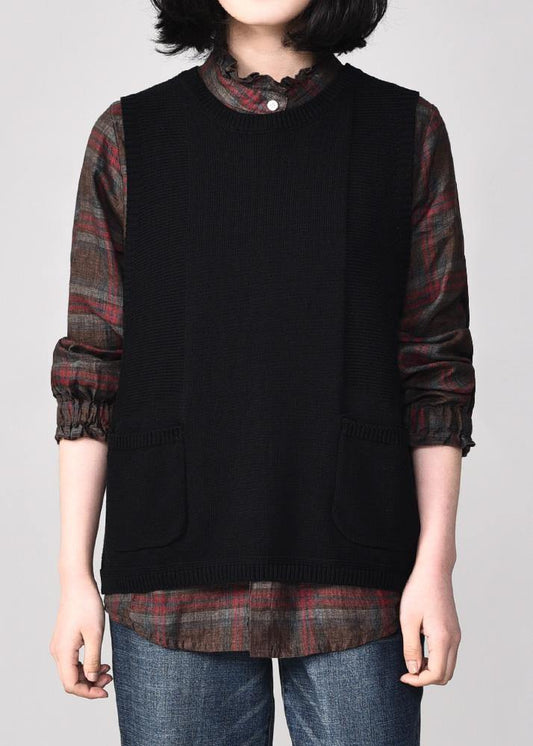 Aesthetic Black Sweater Coat Plussize Sleeveless Knit Sweat Tops O Neck