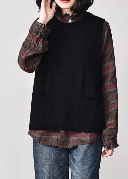 Aesthetic Black Sweater Coat Plussize Sleeveless Knit Sweat Tops O Neck