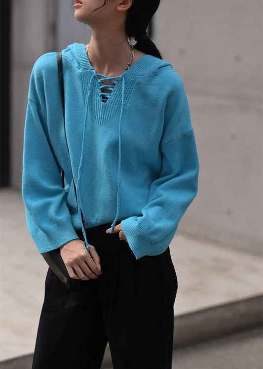 Aesthetic Blue Sweater Blouse Hooded Drawstring Knitwear