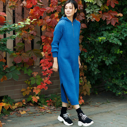 Aesthetic Blue Sweater Outfits Tunic Hooded Side Open Knit Dress