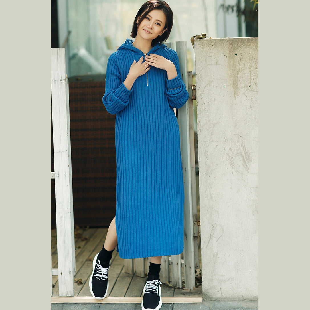 Aesthetic Blue Sweater Outfits Tunic Hooded Side Open Knit Dress