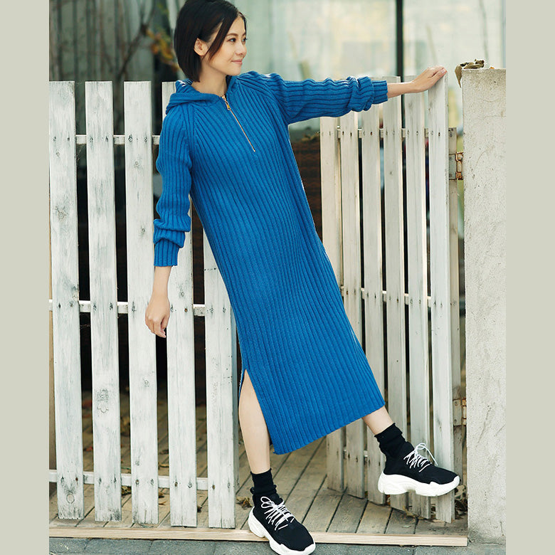Aesthetic Blue Sweater Outfits Tunic Hooded Side Open Knit Dress