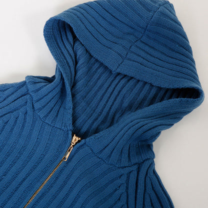 Aesthetic Blue Sweater Outfits Tunic Hooded Side Open Knit Dress