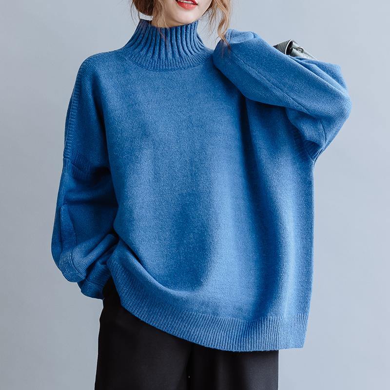 Aesthetic Blue Knitted Pullover High Neck Clothing Fall Knit Sweat Tops