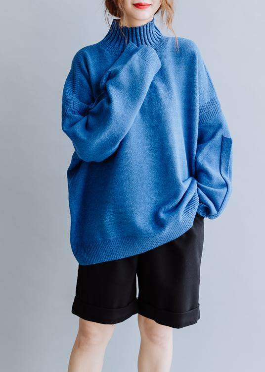 Aesthetic Blue Knitted Pullover High Neck Clothing Fall Knit Sweat Tops