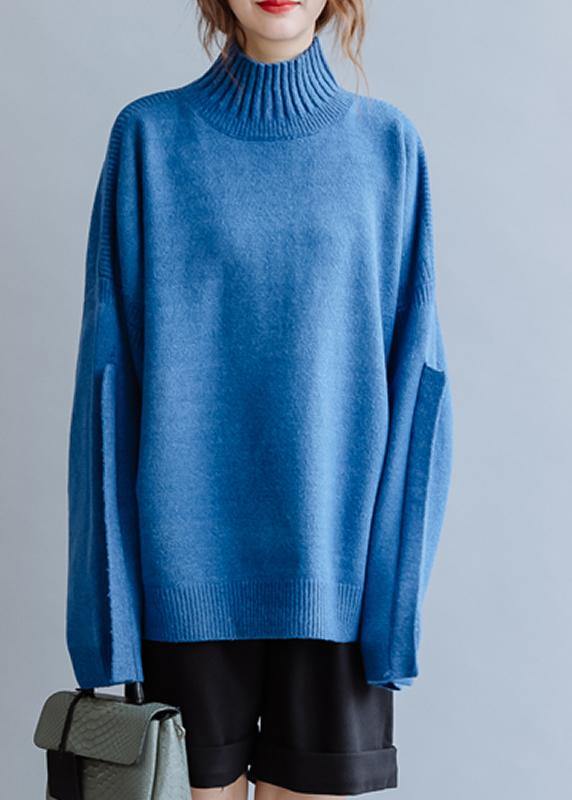 Aesthetic Blue Knitted Pullover High Neck Clothing Fall Knit Sweat Tops