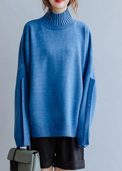 Aesthetic Blue Knitted Pullover High Neck Clothing Fall Knit Sweat Tops