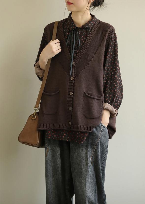 Aesthetic Chocolate V Neck Sleeveless Knit Outwear