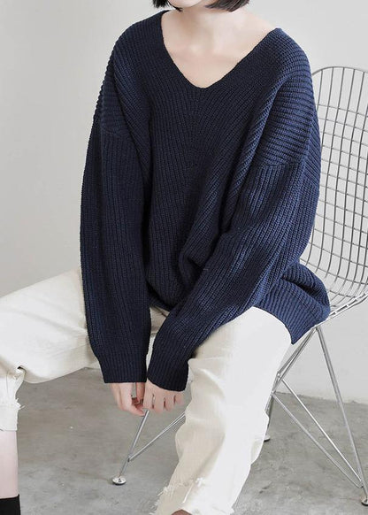 Aesthetic Dark Blue Sweater Tops V Neck Batwing Sleeve Knit Tops