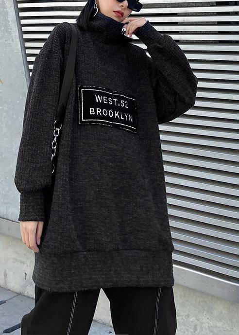 Aesthetic Dark Gray Knit Blouse High Neck Letter Winter Sweaters