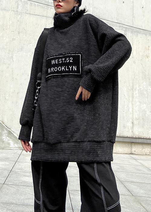 Aesthetic Dark Gray Knit Blouse High Neck Letter Winter Sweaters
