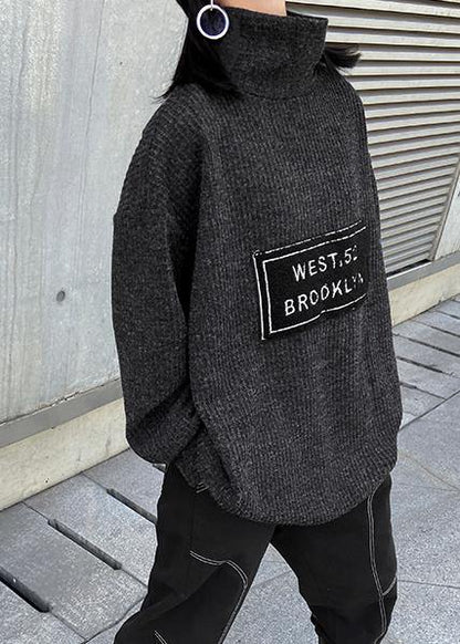 Aesthetic Dark Gray Knit Blouse High Neck Letter Winter Sweaters